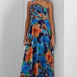 Ralph Lauren One Shoulder Floral Dress - Blue, Orange, Green
